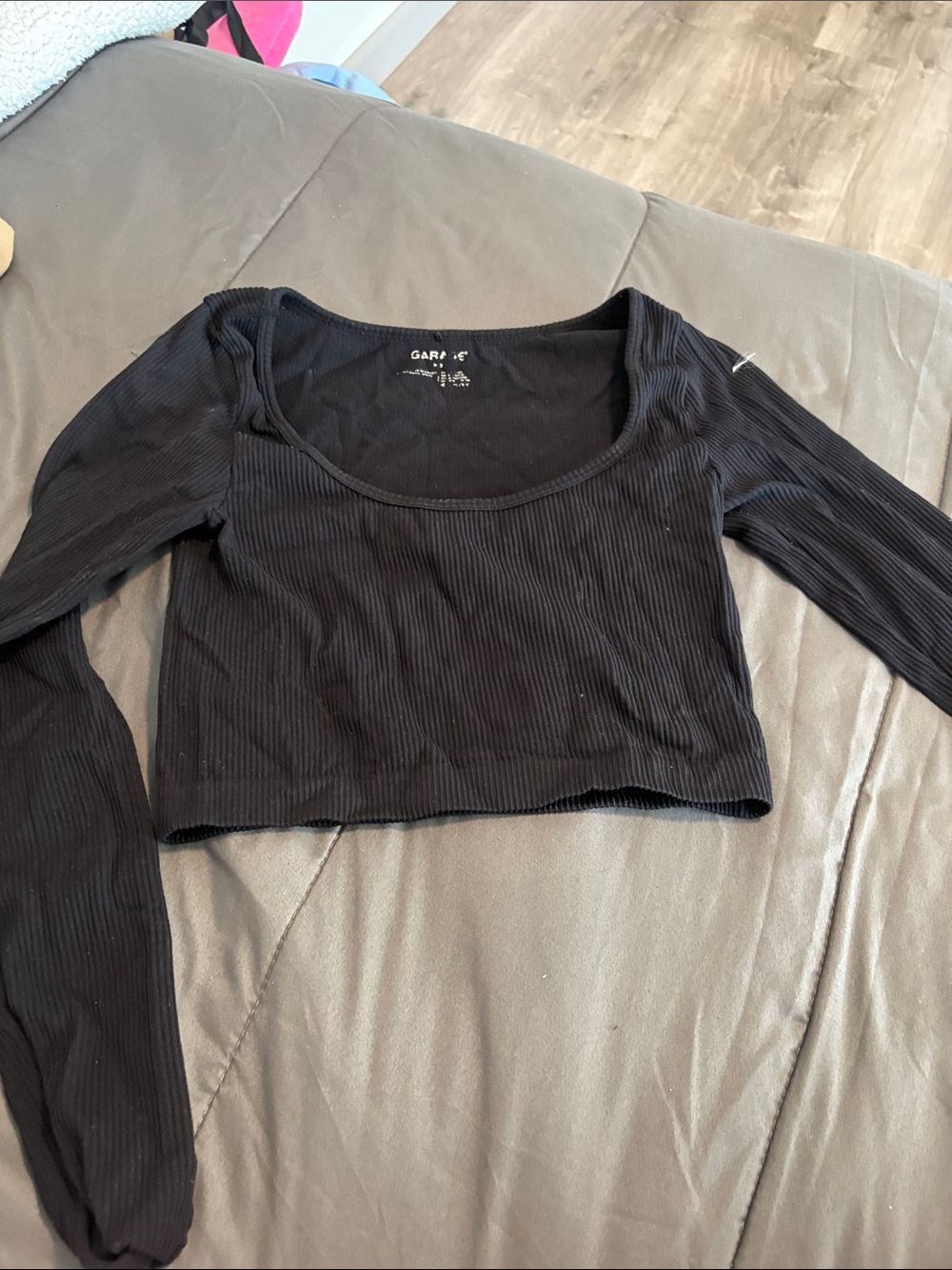 Garage Black Ribbed Scoop-Neck Long Sleeve Cropped Top